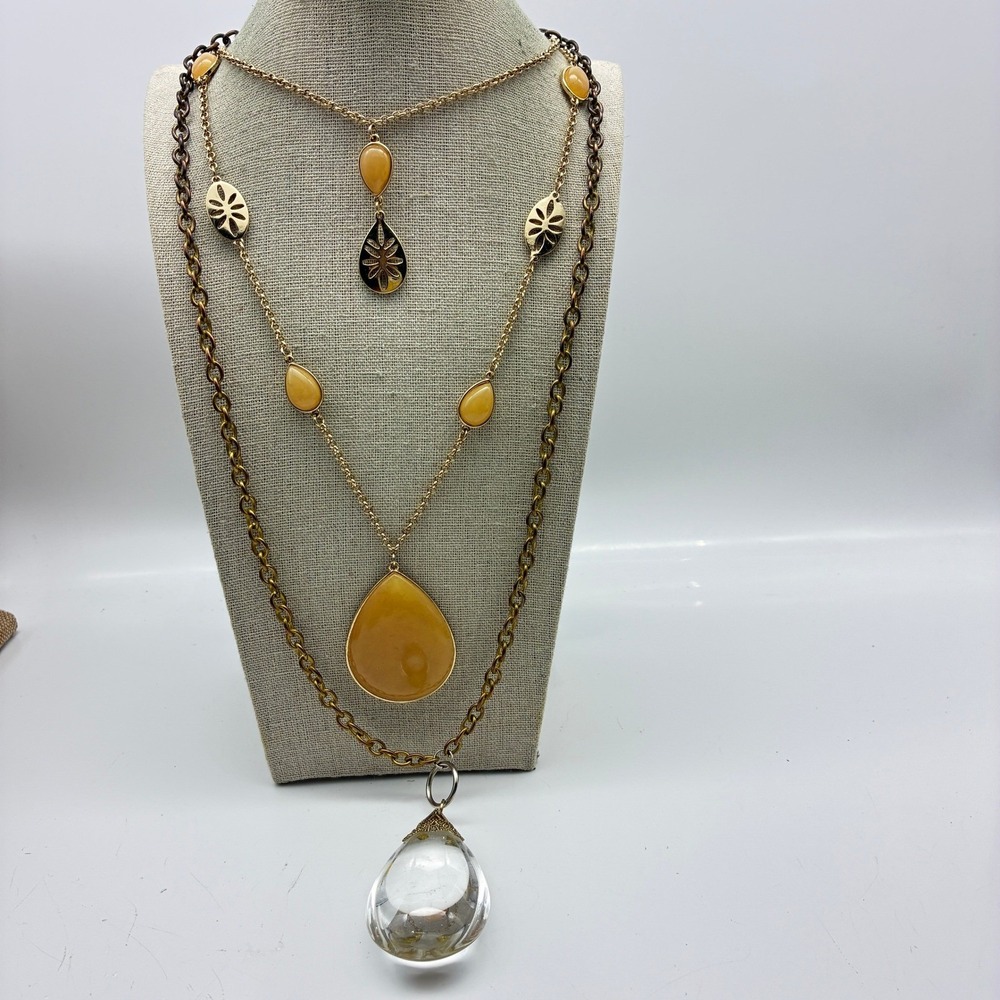 Gold Tone Necklace Lot of 2 Multi Strand Layered Yellow Clear Teardrop Pendant